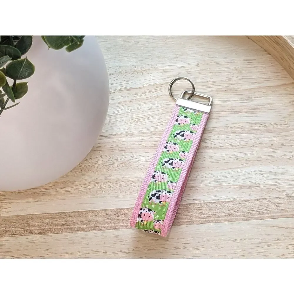 Cow Keychain Wristlet Fabric Key FOB Cotton Webbing Farm Animal Farmhouse‎ Gift